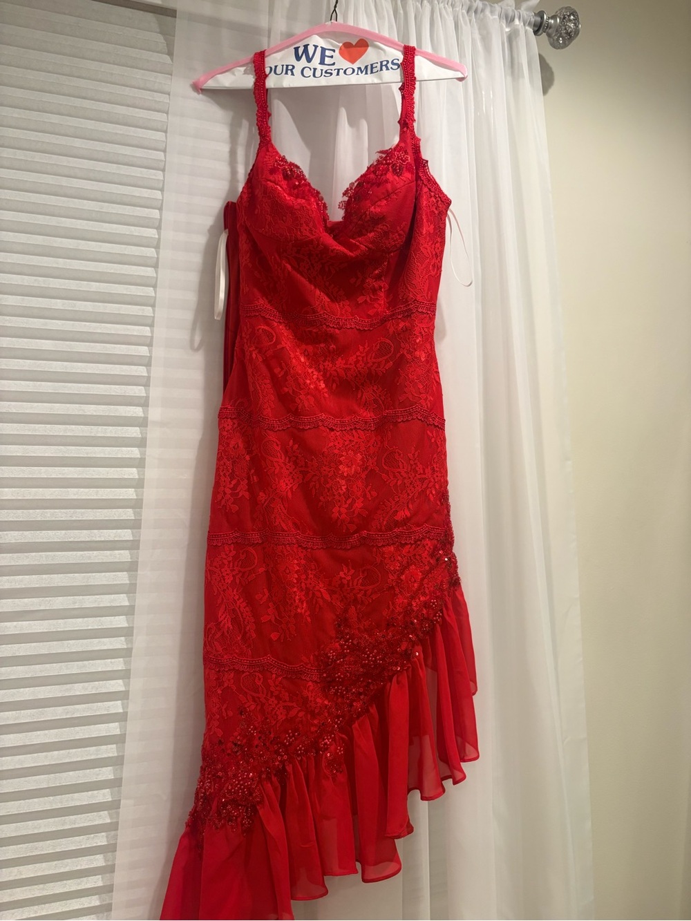Red Lace Asymmetric Slip Dress